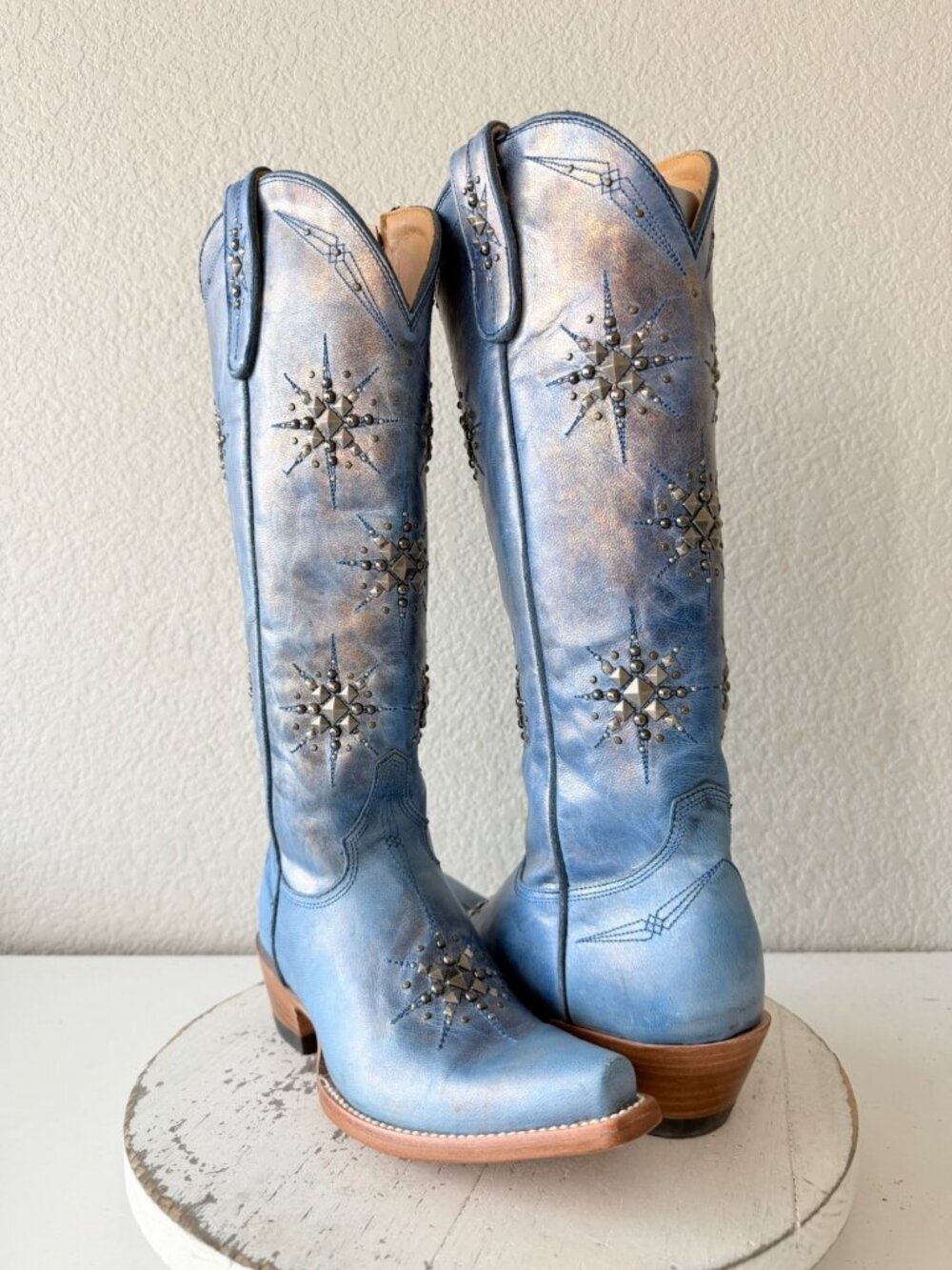 Old Gringo Stelletta Blue Metallic Studded Cowboy Boots Womens 6 Snip Toe Tall